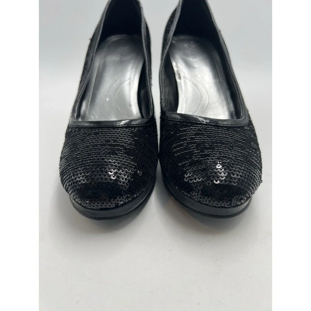 Tahari Black Sequin Round Toe Leather Pumps Heel Formal Black Tie Party Sz 8.5 M - Picture 5 of 11